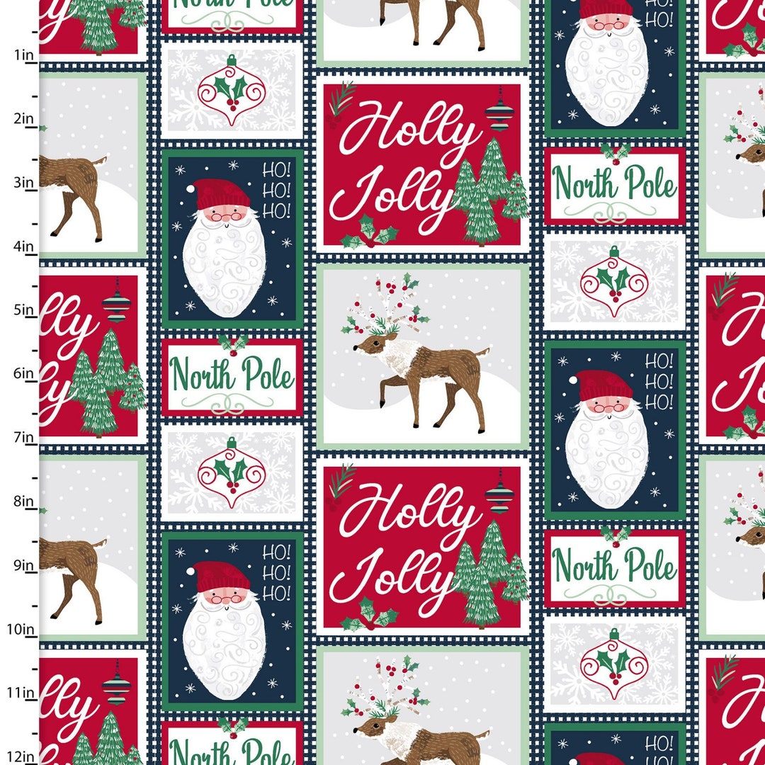 Santa with Sheep in Green and Red, Yuletide by Clothworks, Quilting  Fabric, 100% Cotton, 44 wide