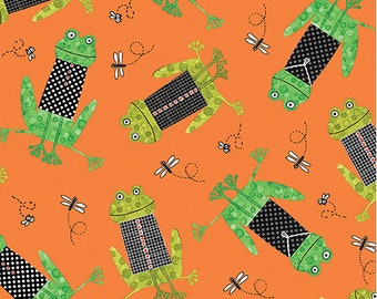 Frogs fabric, Kids fun fabric, Green frogs in  black vests over orange fabric, Tropical animals fabric  100% cotton for all sewing projects