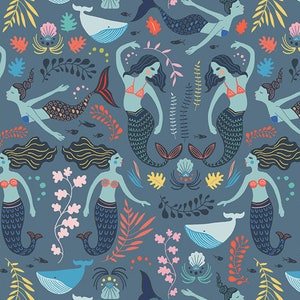 Siren Song Twilight, Mermaids and friends over blue fabric for the Sirena collection, Art gallery  oeko tex fabric 100% cotton.