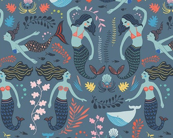 Siren Song Twilight, Mermaids and friends over blue fabric for the Sirena collection, Art gallery  oeko tex fabric 100% cotton.