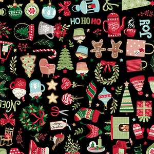 Winter treats fabric, Christmas time fabric, Winter kitchen fabric, Baked goods over black fabric 100% cotton for all sewing projects