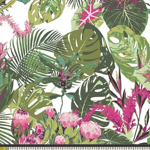 May include: A white background with a tropical print featuring pink and green flowers, green leaves, and a ruler with inch markings.