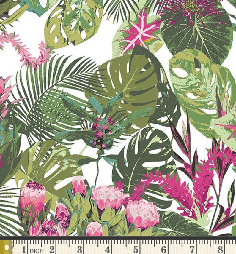 May include: A white background with a tropical print featuring pink and green flowers, green leaves, and a ruler with inch markings.