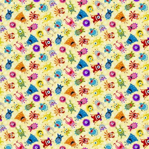 Monsters fabric, Kids fabric, Happy monsters fabric, colorful monsters over soft yellow fabric 100% cotton Fabric for all sewing projects