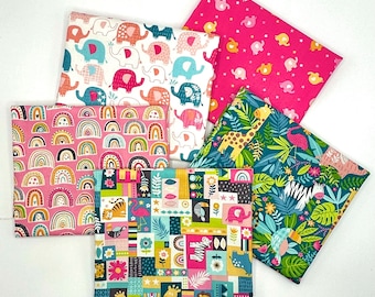 Jungle animals Bundle of 5 fabrics, Baby animals fabric CHOOSE YOUR CUT 100% cotton fabric for Quilting and sewing projects.