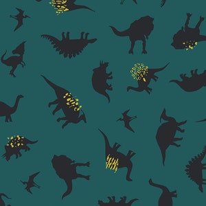 Dinosaurs fabric, Black Dinosaurs over green from the Esoterra collection, Art gallery &quot;feel the difference&quot; oeko tex fabric 100% cotton