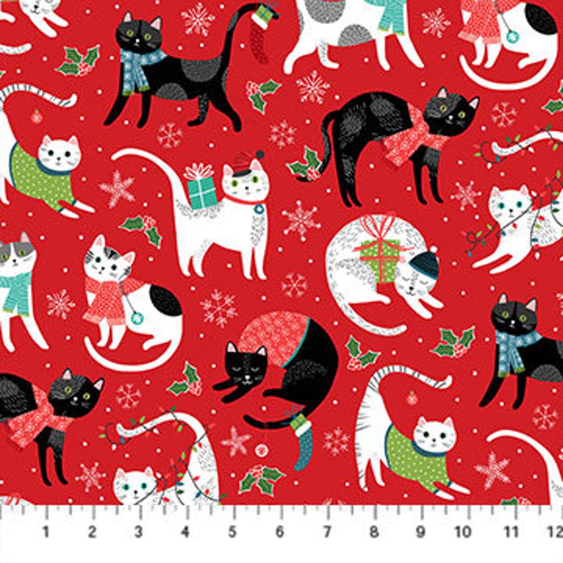 Cats fabric Christmas cats on red fabric kitties fabric Fun Etsy