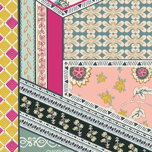 May include: A colorful patchwork fabric design with geometric shapes and floral patterns. The fabric features a variety of colors, including pink, green, blue, yellow, and black.