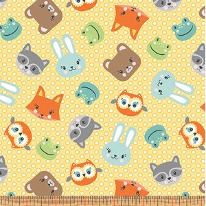 Baby animals fabric, Boy or girl nursery animals fabric, Play and learn animals names, Yellow baby fabric  100% cotton fabric for sewing