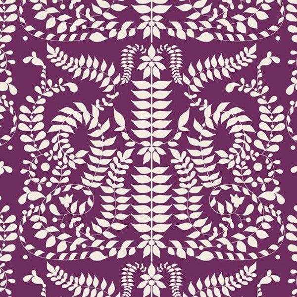 Plum and white fabric, Plum damask for the Virtuosa collection, Art gallery "feel the difference" oeko tex fabric 100% cotton
