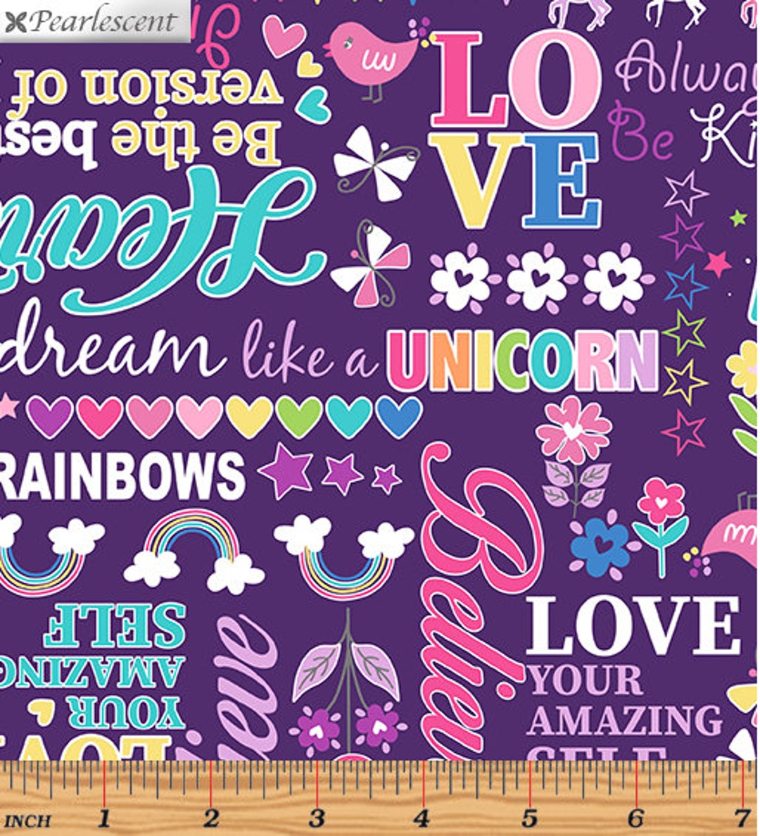 Unicorn Fabric, Purple Unicorn Words and Phrases Fabric, Unicorn