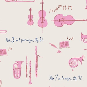 May include: A pink and white illustration of musical instruments, sheet music, and the text "No. 3 in E flat major, Op. 55" and "No. 7 in A major, Op. 92".