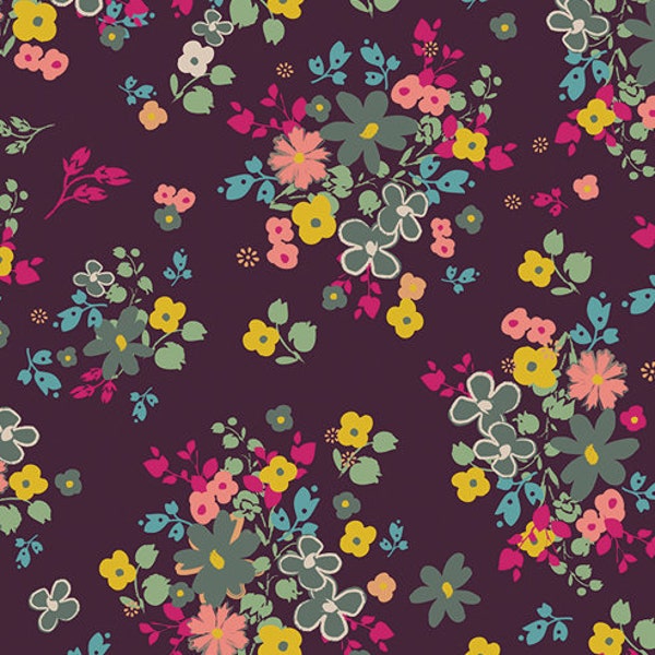 Floral fabric, Blooming soul plum by Pat Baravo for Indie Boheme collection, Art gallery "feel the difference" oeko tex fabric 100% cotton