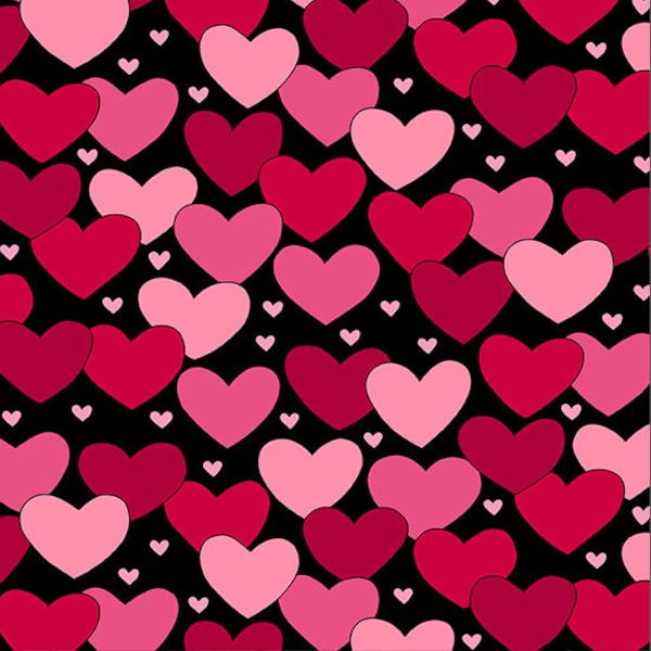 Valentine's fabric, Red and pink Hears over black fabric, Love me Do fabric 100% cotton for all sewing projects.