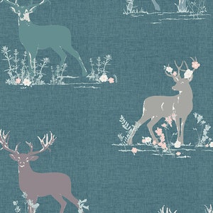 Deer fabric, Woodland Deer in the forest for the Blithe collection,  Art gallery &quot;feel the difference&quot; oeko tex fabric 100% cotton