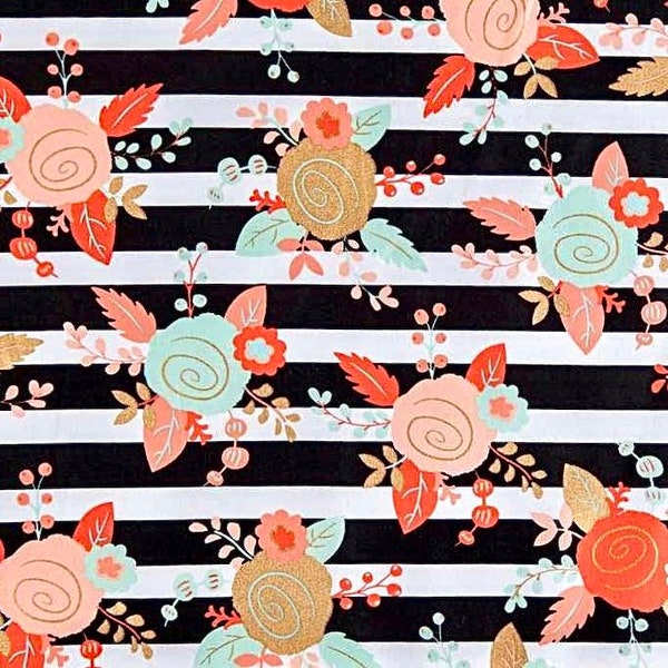 Coral, mint and metallic gold flowers over black and white stripes fabric, Modern floral fabric 100% cotton for all sewing projects