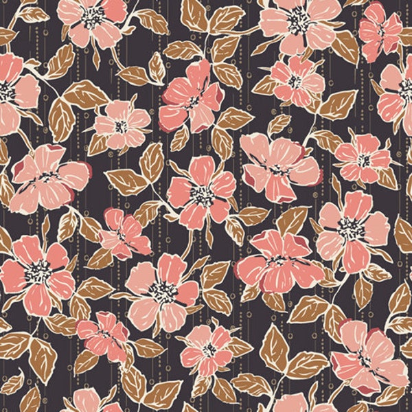 Peach flowers fabric, Crafted blooms over brown from the Homebody collection, Art gallery "feel the difference" oeko tex fabric 100% cotton