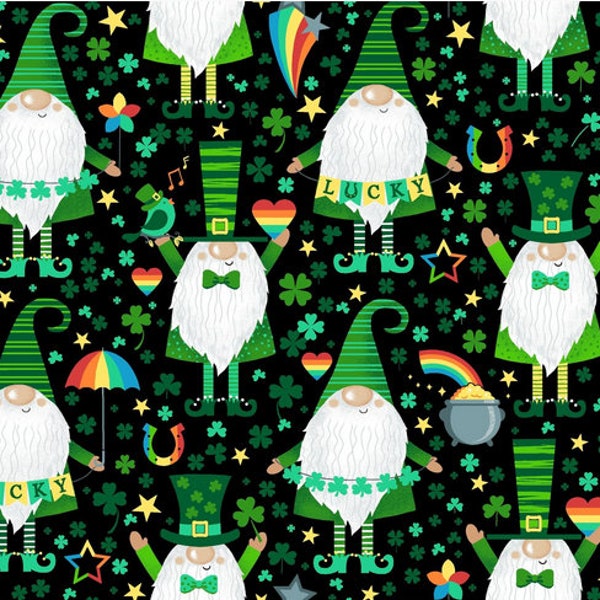 Saint Patrick's fabric, Irish Gnomes, rainbows and Shamrocks fabric, Leprechaun's fabric, Kids Irish fabric 100% cotton for sewing