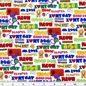 Cats and dogs fabric, Colorful cats, dogs and phrases fabric, I love my pets fabric, Kids fabric  100% cotton for all sewing projects