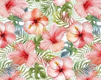 Hibiscus Floral fabric, Large print floral fabric 100% cotton for sewing projects.