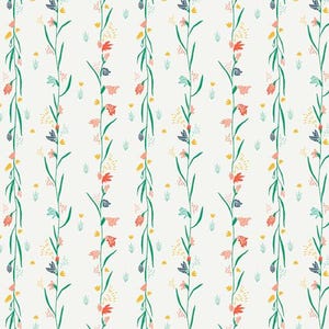 May include: A seamless pattern featuring vertical lines of stylized flowers in shades of blue, green, yellow, pink, and red on a white background.