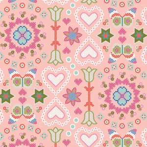 A happy life Flowers and Hearts fabric, Pink, orange, green and blue fabric,  Art gallery &quot;feel the difference&quot; oeko tex fabric 100% cotton