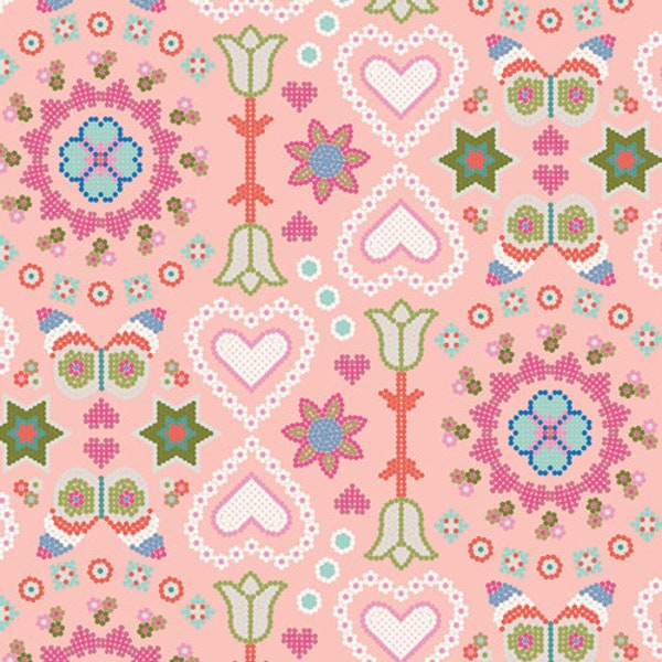 Flowers and Hearts fabric, Pink, orange, green and blue fabric,  Art gallery "feel the difference" oeko tex fabric 100% cotton