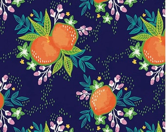 Oranges fabric, Oranges leaves and flowers over navy fabric, Kitchen fabric, Apron fabric, Fruit fabric 100% cotton for all sewing projects.