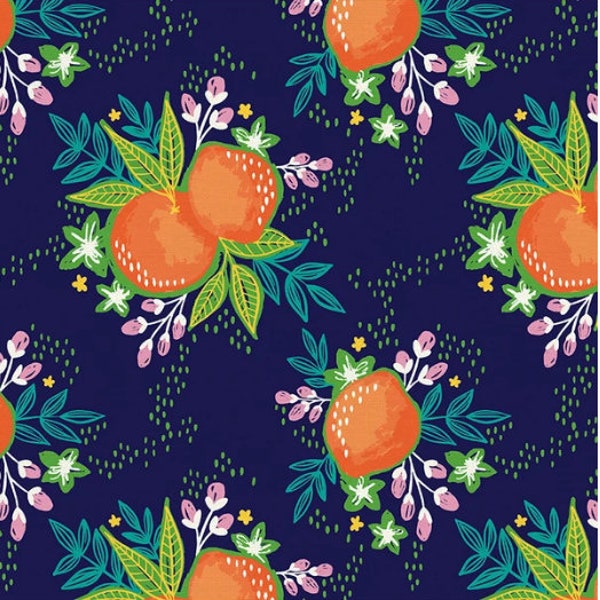 Oranges fabric, Oranges leaves and flowers over navy fabric, Kitchen fabric, Apron fabric, Fruit fabric 100% cotton for all sewing projects.