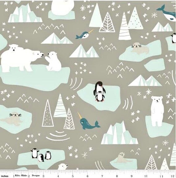 Baby fabric, Neutral Baby fabric, Mummy and baby Penguin having fun in the  artic, Grey and mint nursery fabric 100% cotton for sewing