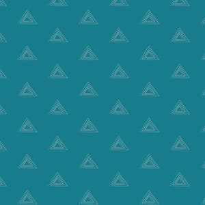 May include: A teal background with a repeating pattern of white outlined triangles. The triangles are layered on top of each other, creating a geometric design.