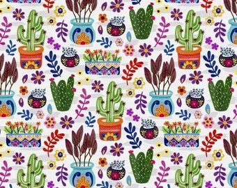 Cactus fabric, Desert plants fabric, Southwest garden pots fabric 100% cotton for Quilting and sewing projects