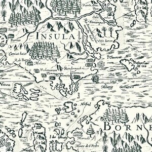 May include: A black and white vintage map of an island with the word "INSULA" in the center. The map shows mountains, rivers, and towns. The island is surrounded by water and has a coastline with many inlets and bays. The map is labeled with the names of places and features, including "Borneo", "Malane", "Bandermach", and "Hermata".