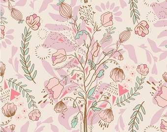 Floral fabric, Leaves, seeds and flower bouquets, Boho flowers fabric,  Art gallery "feel the difference" oeko tex fabric 100% cotton
