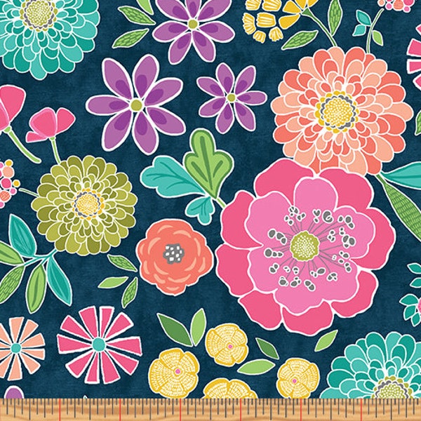 Floral fabric, Colorful flowers over navy fabric, Spring floral Garden fabric, Summer dress fabric 100% cotton for all sewing