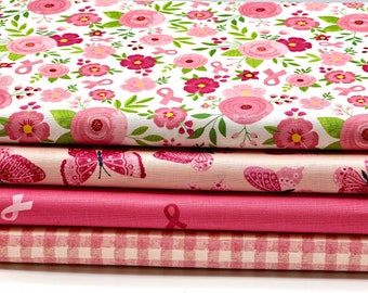 Pink Ribbon bundle of 4 fat Quarters, (Last One) Cancer awareness love & support fabric CHOOSE YOUR CUT 100% cotton for all sewing projects