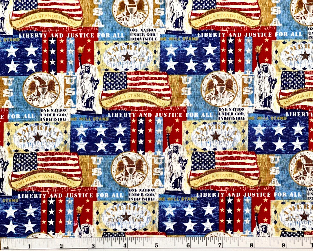 Patriotic Patchwork Fabric, USA Proud Fabric, Red White and Blue