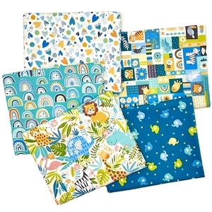 May include: A collection of colorful fabric squares with various patterns. Designs include blue hearts, rainbows, jungle animals, and elephants. The fabrics are in shades of blue, green, yellow, and white, suitable for quilting or crafting projects.