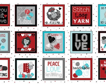 Kintters panel fabric, All you knit is love fabric, Sheep, yarn and phrases for knitters and crocheters  100% cotton 23 x 44" Panel fabric.