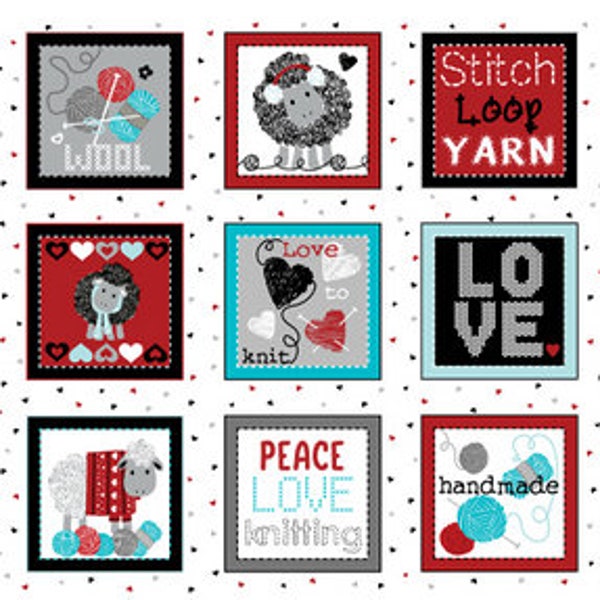 Kintters panel fabric, All you knit is love fabric, Sheep, yarn and phrases for knitters and crocheters  100% cotton 23 x 44" Panel fabric.