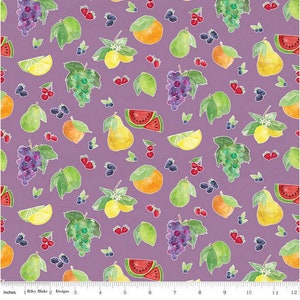 Fruit fabric, Pears, lemons, grapes, berries, apples on lilac fabric, Kitchen apron fabric 100% cotton for Quilting and sewing projects