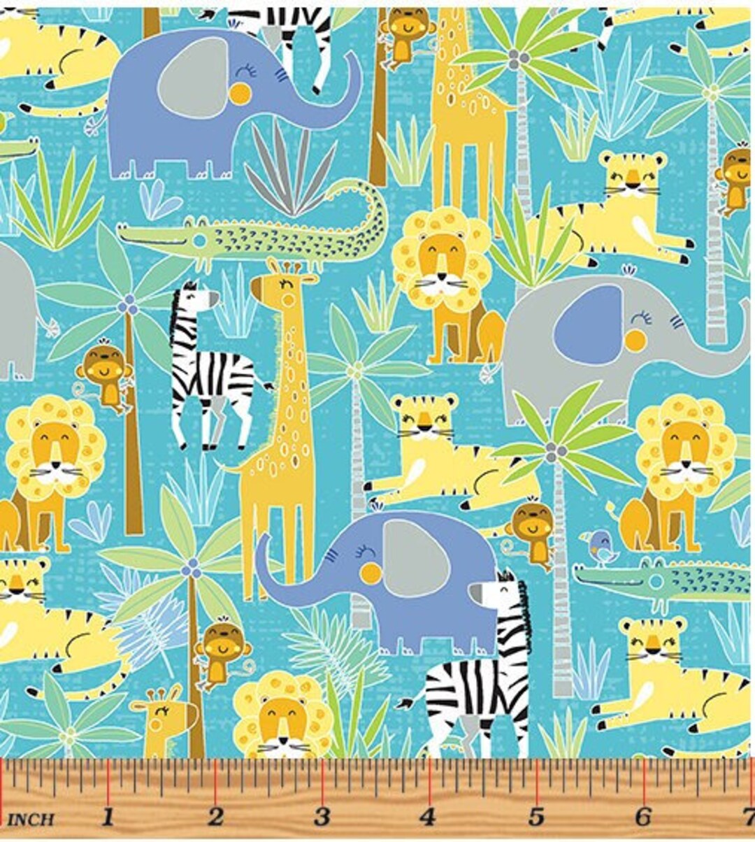 Jungle Animals Fabric, Safari Kids Fabric, Happy Animals in the Jungle