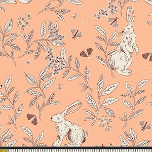 Bunnies fabric, Rabbits and branches over peach for Meriwether Collection Art gallery "feel the difference" oeko tex fabric 100% cotton image 2
