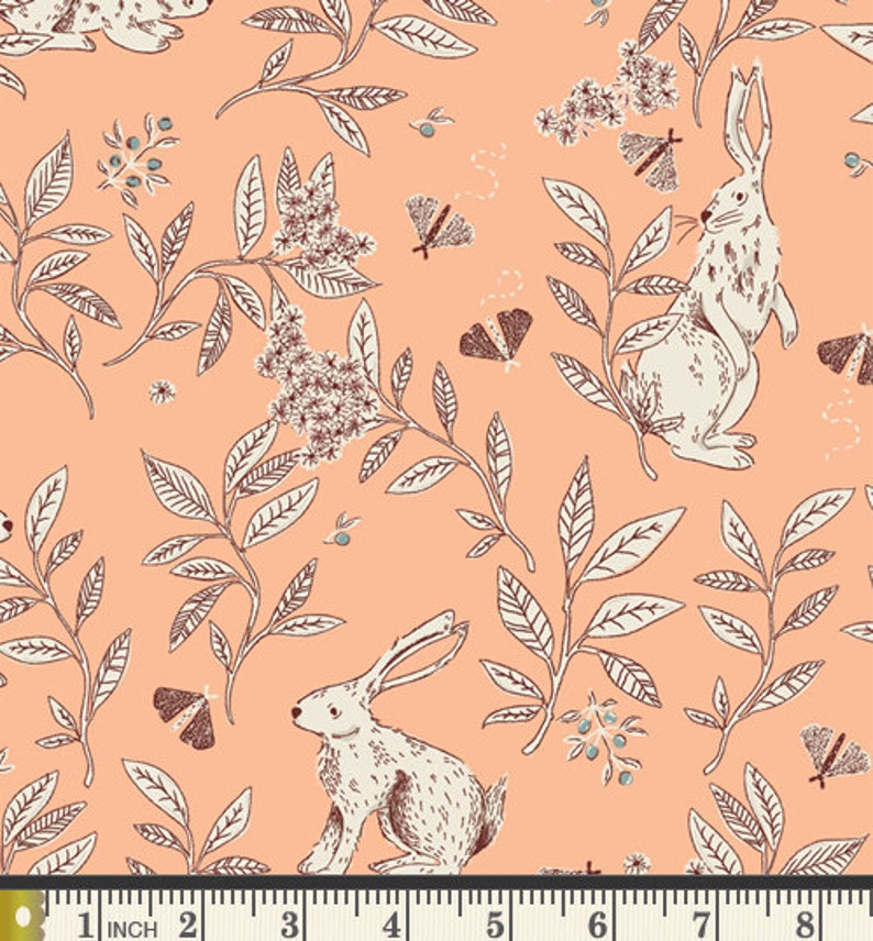 Bunnies fabric, Rabbits and branches over peach for Meriwether Collection Art gallery "feel the difference" oeko tex fabric 100% cotton image 2