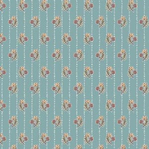 May include: A repeating pattern of stylized floral bouquets and dotted vertical lines on a teal background. The bouquets feature orange, brown, and red elements. The design is symmetrical and evenly spaced.
