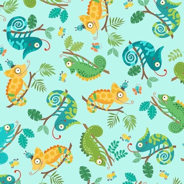 Chameleons fabric, Boys fabric, Insects and chameleons on branches fabric, Kids fabric, Wild life fabric 100% cotton for sewing projects