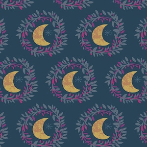 Moon fabric, Crescent moons and leaves on navy fabric, Mystical land fabric , Art gallery "feel the difference" oeko tex fabric 100% cotton