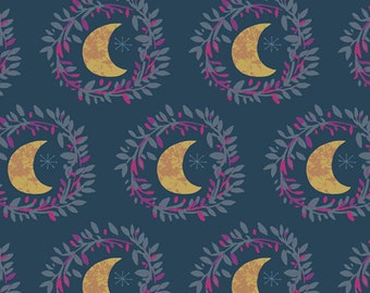 Moon fabric, Crescent moons and leaves on navy fabric, Mystical land fabric , Art gallery "feel the difference" oeko tex fabric 100% cotton