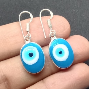 Evil Eye Dangle Earrings 925 Sterling Silver Plain Earrings Spiritual Good Luck Gift Handmade Jewelry Dangle Drop Earring Ethnic Earring