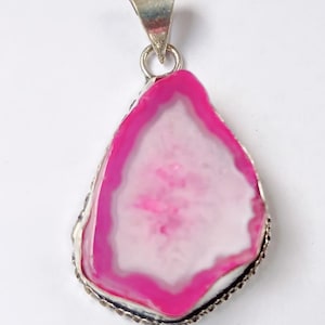Pink Druzy Agate Slice Pendant: Sterling Silver Necklace, Boho Healing Jewelry